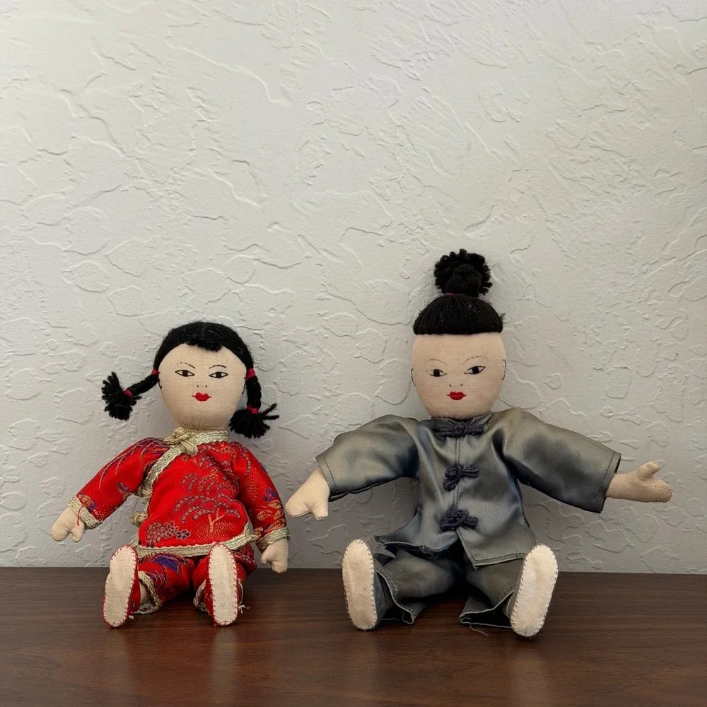 Pair Of Vintage Asian Dolls Primitive Blue Red‎ Boy and Girl Unique